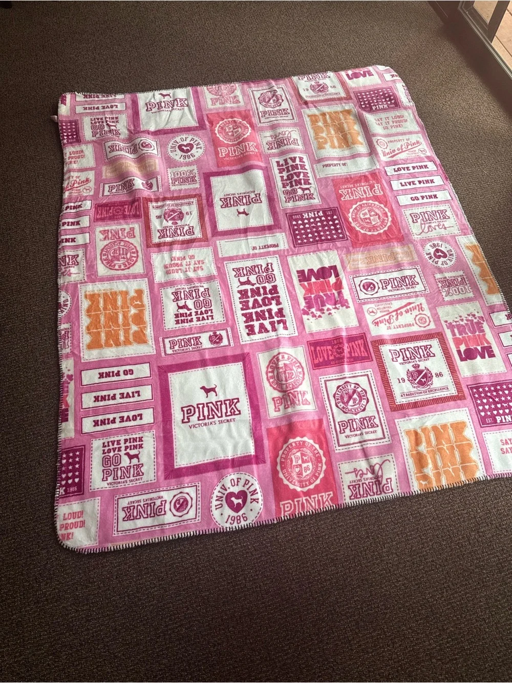 PINK Victoria's Secret Patchwork Logo Plush Throw Blanket in Pink & Orange